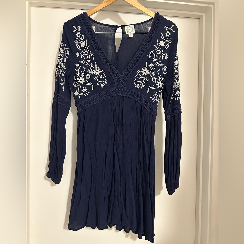 Blue Rain Navy Dress with White Embroidery